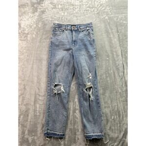 Express Mom Jean Super High Rise Jeans Womens Sz 6R Blue Distressed Whiskered